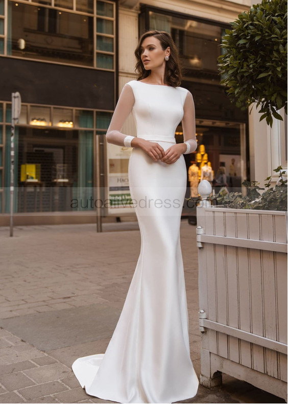 Long Sleeves Ivory Satin Simple Wedding Dress